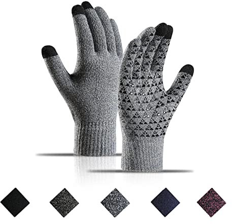 Guantes Invierno Termicos, Guantes tactiles movil Smartphone, Guantes de Invierno con Diseño Antideslizante Cálido Guantes de Punto para Ciclismo,Conducción,Senderismo,Hombres,Mujeres, Gris Claro