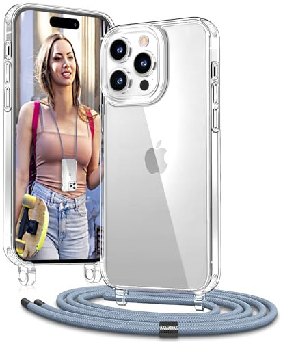 Vaykwo Handykette mit Band für Apple iPhone 14 Pro Hülle - Necklace Handyhülle - Transparente Case zum Umhängen mit Kameraschutz und Bildschirmschutz - Blau