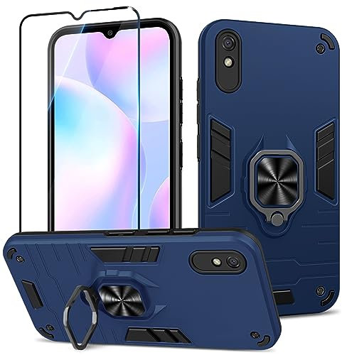 Btstring Hülle kompatibel mit Xiaomi Redmi 9A mit Schutzfolie, Militär Standard Stoßfest Handyhülle Case Hybrid Metall Ring Halter Schutzhülle Handy Hüllen Cover- Blau