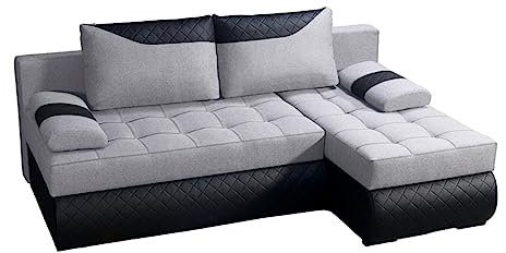 BROMARKT Ecksofa KASTELL L-Form Schlafsofa Wohnlandschaft Links/Rechts Couch, Bettkasten,Schlaffunktion,viele Farbvarianten (Rechts, Rino 80 + Madryt Pik 9100 – Hellgrau, h80 x t141 x b200 cm)