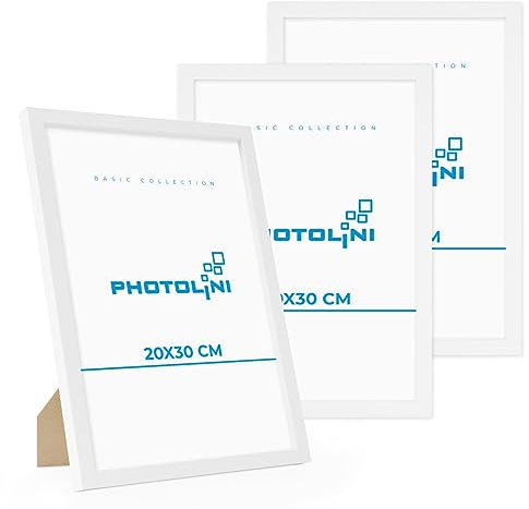 PHOTOLINI Cadre 20 x 30 bois MDF blanc, lot de 3 cadres photo pour posters et affiches, verre acrylique incassable, décoration murale à suspendre & à poser, avec accessoires supplémentaires
