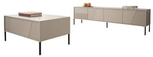 Mirjan24 Wohnzimmer-Set Diolio I, Anbauwand, Wohnzimmerschrank, Schrankwand, im Set: Stylischer Kaffeetisch mit 2 Türen, TV Lowboard mit 4 Türen, Griffloses Öffnungssystem (Cashmere)