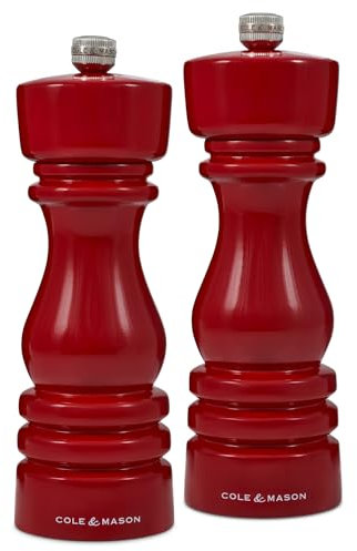 Cole & Mason H233101 London Rojo Brillo Molinillos de Sal y Pimienta, Precision+/Molienda Ajustable, Madera de Haya, 180mm, Caja de Regalo, Incluye 2 x Molinos, Garanzia del Meccanismo a Vita