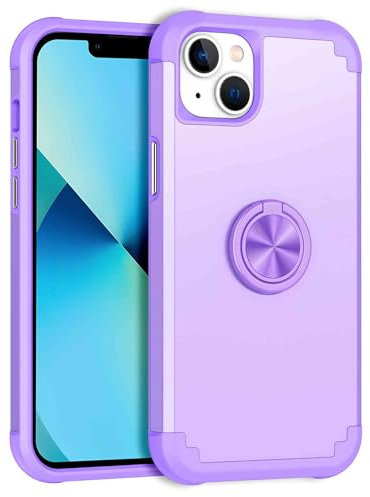 Knoowcase for iPhone 14 Case with Stand Ring Holder Shockproof Soft Silicone Bumper Heavy Duty Hard PC Shell Protective Cover Support Magnetic Car Mount Kickstand Case for iPhone 14, Light Purple