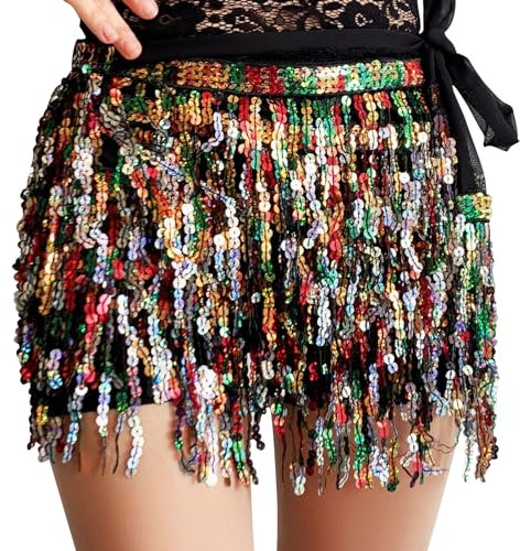 Bauchtanz Pailletten Quastenrock, Mini Rock Kostüm, Rave-Kostüm Fransenrock für Damen und Mädchen, Bunt
