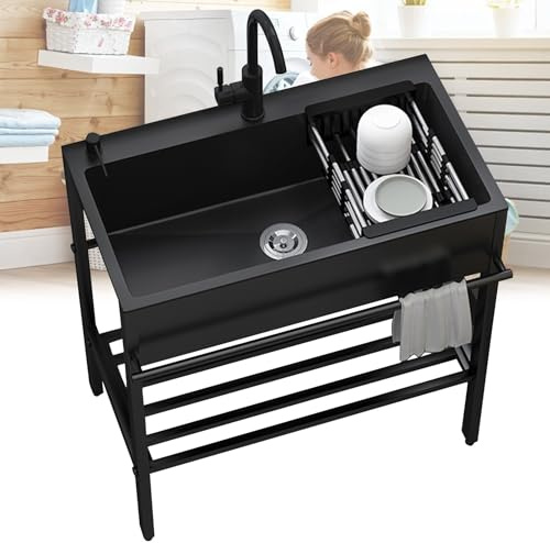 Edelstahl Spültisch mit Armatur freistehend, 80x45x86cm Nano Spülbecken Schwarz mit Unterschrank für Outdoor Küche & Garage, Höhenverstellbares Gastro Waschbecken