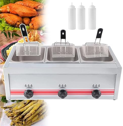 Stainless Steel Gas Fryer, Professional Deep Fryer Commercial Deep Fat Fryer with Deep Fryer Baskets and Lids, Triple Cylinder 10L+10L+10L - for Commercial Restaurant Home Kitchen
