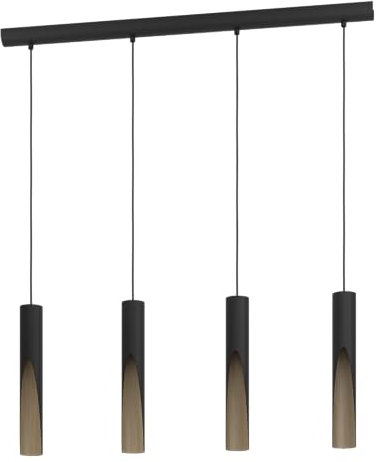 EGLO Barbotto Lampada LED a sospensione a 4 luci, da appendere sopra il tavolo da pranzo con illuminazione indiretta, in metallo nero e aspetto in legno, GU10, luce bianca calda, certificazione FSC