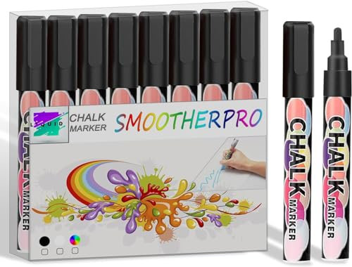 SMOOTHERPRO Kreidestifte Kreidemarker für Tafel Stifte | Trocken Abwischbare Marker Set | Kreidestift für Fenster Chalk Marker und Glas (CMP008B) | Schwarz