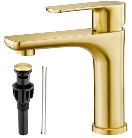 ubeegol Miscelatore per lavabo Miscelatore monocomando Rubinetto per lavabo con scarico a scomparsa, miscelatore per lavabo Rubinetto ad alta pressione Rubinetto per bagno in acciaio inox,oro