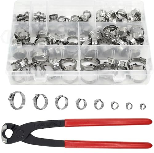 130pcs Heavy Duty PEX clamp Assortment Kit with Pliers, Stainless Steel Single Ear Hose Clamps 1/4- 0.92(6-23.5mm), PEX Cinch Crimp Rings Pinch Clamps for Water Pipe, Plumbing and Automotive Use