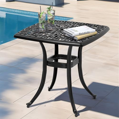 PATIOHIT Terrassentisch aus Aluminiumguss, 53,3 cm, mit Schirmloch, wetterbeständig, Outdoor-Beistelltische für Terrasse, Garten, Pool, Balkon (quadratisch, schwarz)