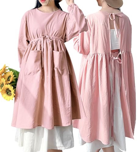 Women Apron with Pocket Cotton Linen Home Shop Kitchen Cooking Aprons Long Sleeve Apron Cute Women Apron Japanese Bib for Chef Cafe Flower Baking Painting Gardening Cleaning (Pink, 36.2x44.5in)