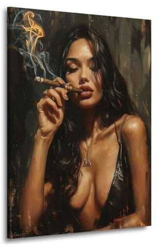 Kunstgestalten24 Leinwandbild Frau Zigarre Lifestyle Girl Smoking Gemälde Erotik Pop Art Bild Kunstdruck Wand Deko Leinwand Wandbild Street Art Kunst Modern