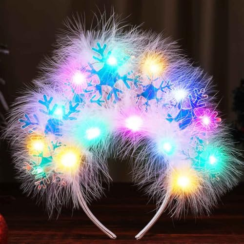 Reaky Weihnachts-Stirnband mit Licht, blinkende Schneeflocken-Stirnbänder, glitzerndes Feder-Haarband, silberne Schneeflocke, Weihnachtskostüm, Haar-Accessoires für Frauen