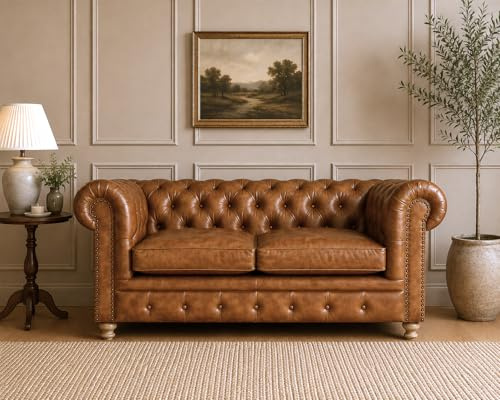 Elm home and garden 2 Seater Real Genuine Leather Chesterfield Sofa Brown Tan Hard Wood Frame 158cm (Brown, 2 Seater)