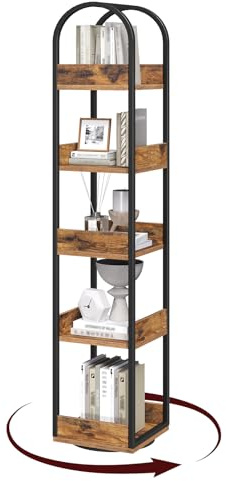 MAHANCRIS 360°Drehbares Bücherregal mit 5 Ebenen, Standregal mit Kantenschutz, 30 x 30 x 160 cm, freistehendes Aufbewahrungsregal, für Wohnzimmer, Arbeitszimmer, Homeoffice, Vintagebraun ABKHR3501