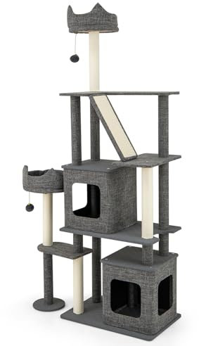 GYMAX Cat Tree, 180 cm Multi-Level Cat Tower with Sisal Scratching Posts & Board, Removable Condos, Perch, Bed, Dangling Balls, Modern Kitty Climbing Tower for Indoor Cats
