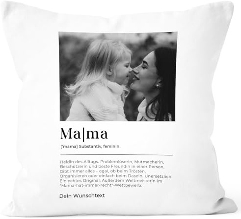 SpecialMe® Kissen-Bezug Mama Defintion mit Wunschtext und eigenem Fotot personalisiert Geschenkidee Geburtstag Muttertag Weiss Standard
