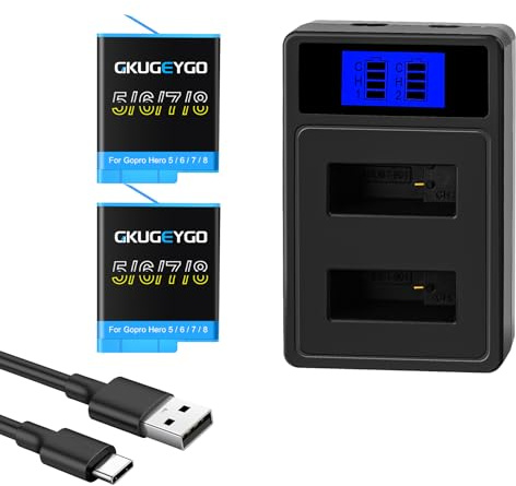GKUGEYGO - Kit caricabatterie ricaricabile compatibile con Gopro Hero 8/7/6/5 nero confezione da 2 batterie e caricabatterie USB a doppio canale