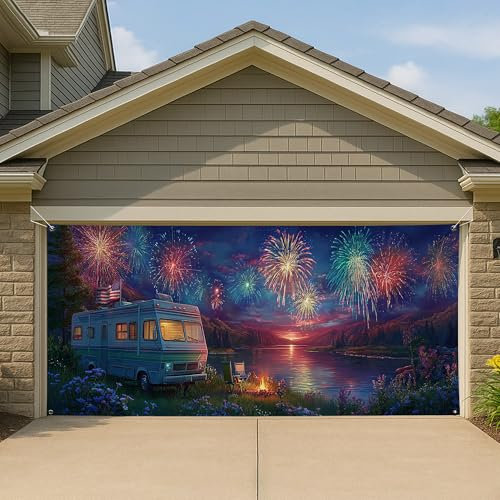 Copertura scenica per porta del garage, per camper e garage, decorazione patriottica vintage per feste all'aperto, sfondo estivo e festivo, 390 x 180 cm