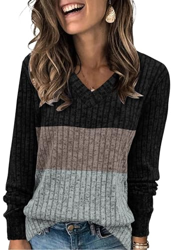 Aokosor Long Sleeve Tops Women UK- V Neck Jumpers for Women Ladies Basic Lightweight Tunic Khaki-Grey Size 14-16