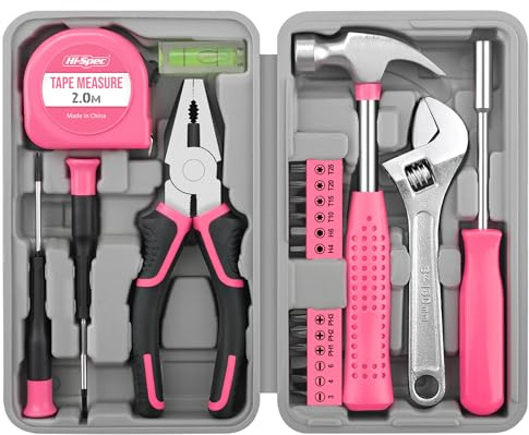 Hi-Spec 20pcs Compact Home and Office Hand Tool Kit for DIY Repairs, Pink | Covers Everyday Fixes, Comfortable Hand Control, Durable Steel Tools, Compact Organized Storage, Home and Office Tasks