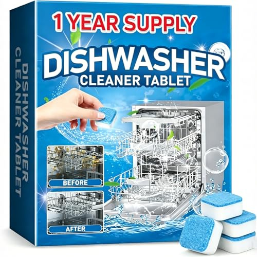 Dishwasher Cleaner and Deodorizer Tablets, 12 Pack for All Dishwashers Deep Cleaning Descaler, Septic Safe, Lemon Odor, 12 Months Supply