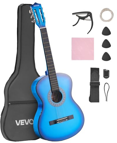 VEVOR Chitarra Classica, 960 mm, in Legno per Principianti, con Corde in Nylon, Custodia Morbida, Tracolla, Accordatore, Corde Extra, Plettri, Capotasto, Tiglio, per Adolescenti, Adulti, Blu
