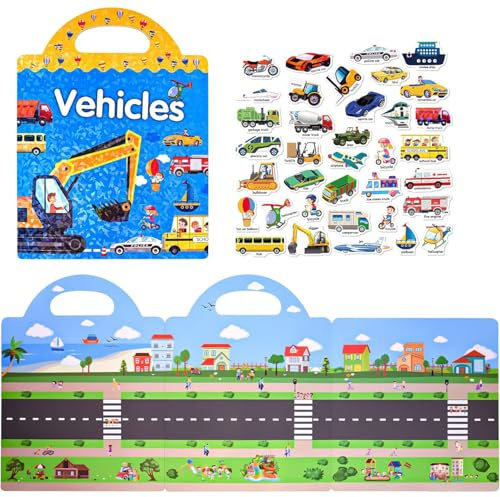 KOMUNJ Reusable Sticker Book, Stickerbuch Verkehrshinweise, Stickerbuch ab 2 Jahre, Reiseaufkleber und pädagogisches sensorisches Lernspielzeug, Szenenaufkleber