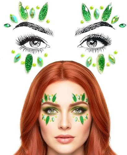 Green Face Gems – Sparkly Stick On Rhinestone Jewels for Festivals, Halloween, Raves, Parties & Carnivals