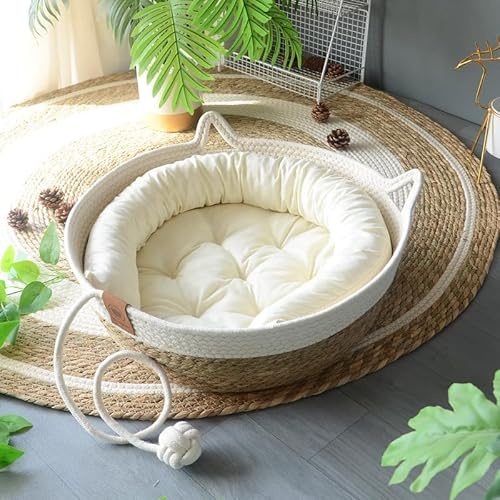 Katzenbett katzenkorb mit Kissen Seilball, Rattan Katzenkörbchen Katzenbett Waschbar Katzenkorb zum Schlafen für Alle Katze Katzensofa Katzen Bett Baumwollseilen Geflochten All Season Universal (S)