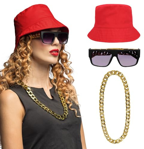 Boland - Hip-Hop Set 90er Jahre | Hut Brille und Kette für Kostüm, Festival, Karneval und Mottoparty