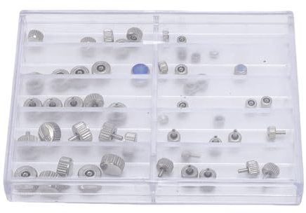 HPZIHUIT 50-teiliges Uhrenkronen-Set, verschiedene Größen, Edelstahl-Uhrenkronen-Set mit Aufbewahrungsbox für Reparatur und Austausch