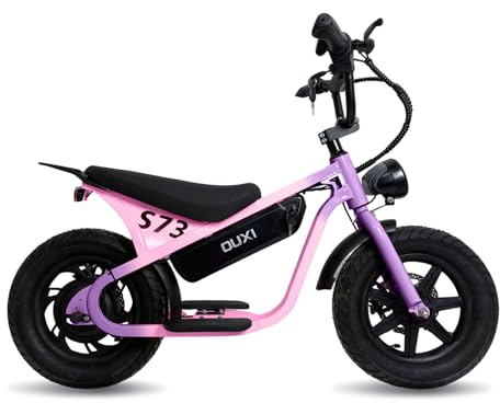 OUXI S73 Kindermotorrad Elektro, 14 Zoll Fat Tire Laufrad für Kinder & Jugendliche, 10.4Ah Akku bis 30km, 3 Geschwindigkeitsstufen, Mechanische Scheibenbremsen, LED-Licht vorne & hinten (rosaviolett)