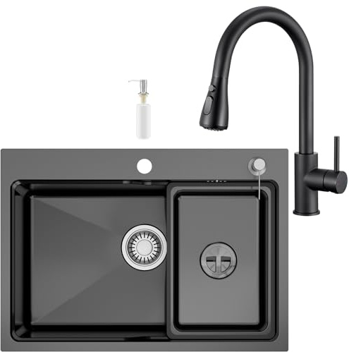 CECIPA 68x48 cm Évier Cuisine Inox 304, Pour plan de travail 80cm et plus | Évier noir avec égouttoir, kit de vidange complet, Robinet cuisine rétractable, Encastrée ou sur plan de travail