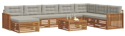 vidaXL Sofagarnituren 9 pcs Natürlich und Hellgrau Massivholz Akazie, Akazienholz Outdoor-Sofa-Set, modernes Gartenmöbel, Bequeme Liege, modulare Design, Poolbereich geeignet