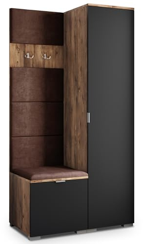 Masseno Flugarderoben Set Lori, Kleiderschrank-Set mit Sitzbank, Garderobenschrank Flur mit 3 Regalböden, Eiche Lefkas/Schwarz