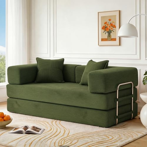 Vipbear 160cm Hochwertiges Schlafsofa, aus Langlebig Cord mit Hochdichter Schaumstoff, 5-in-1 Umwandelbares Vielseitig ohne Knochen 2-Sitzer Sofa Bed mit Schlaffunktion für Kleiner Raum, Grün