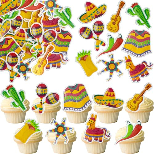 Gyufise Essbare Fiesta-Cupcake-Topper, Wasserpapier, Kaktus, Esel, Maraca, Sombrero, Pfeffer, Gitarre, Cupcake-Picks für mexikanische Fiesta, Babyparty, Geburtstagsparty, Kuchendekorationen, Zubehör