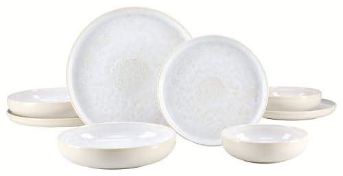CreaTable, 25395, Serie Yuki Weiss, 8-teiliges Geschirrset für 2 Personen, Tellerset aus Steinzeug, spülmaschinen- und mikrowellengeeignet, Made in Portugal