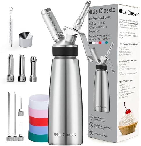 Otis Classic Whipped Cream Dispenser - Stainless Steel Whipper w/Chargers for Desserts - Professional Culinary 500ml Canisters w/ 3 Whip Decorating Nozzles