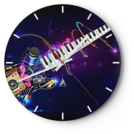 Modern Wanduhr Gitarre Instrument Musik Notiz 30x30cm Rund Klein Wand Uhr Glas Analog Zimmeruhren Küche Büro Wohnzimmer Glasuhr Wall Clock Dekoration Design Wanddekoration Küchenuhr C3AR30x30-2724