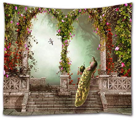 A.Monamour Wandteppiche Vintage Patiobogen Tür 3D Blumen Pfau Verzaubert Wald Wald Abstrakte Kunst Stoff Wand Hängen Tapisserie Vorhänge Tischdecke Tagesdecke Strandtuch 153X203Cm