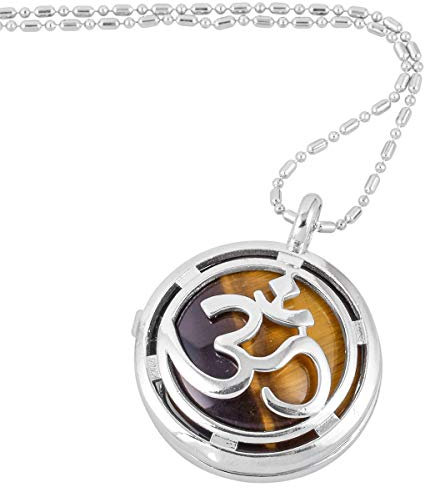mookaitedecor Yoga Reiki Arbre de Vie Collier Oeil de Tigre Pendentif Médaillon Ronde Pierre Lithothérapie Naturelle Bijoux avec Chaîne Argenté