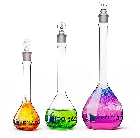 Premium Volumetric Flask Set - 50ml, 100ml & 250ml - Class A, ASTM E288 - Superior Durability & Chemical Resistance - Glass Penny Stoppers - Borosilicate 3.3 Glass - Eisco Labs