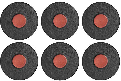 Villeroy & Boch Manufacture Rock Glow Kaffeeuntertassen 6er Set, ø 15,5 cm, Runder Unterteller in Schiefer-Optik, Premium Porzellan, Schwarz-Bronze