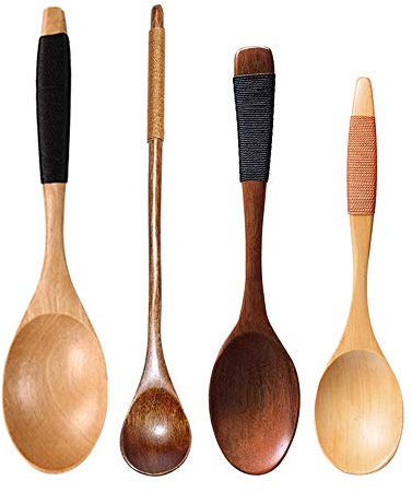 EKdirect 4 Stück Holzlöffel Suppenlöffel Set Lange Griff Kaffee Tee Honig Marmelade Löffel