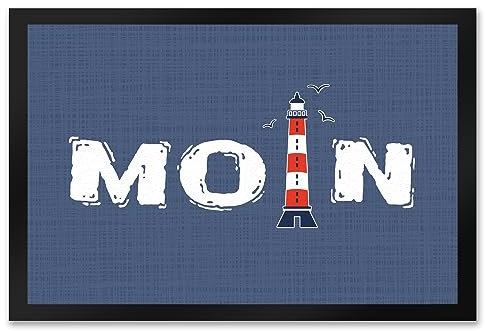 Fußmatte XXL in 50x75 cm im maritimen Stil mit Spruch: Moin und Leuchtturm Maritim Heimathafen Meer Ostsee Nordsee Schuhmatte Norden Nordlicht Leuchtturm Anker Möwe Küste Wind