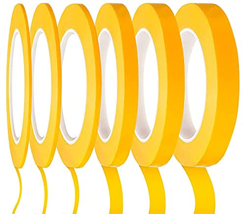 Lot de 6 rouleaux de ruban adhésif fin jaune pour peinture automobile 1/16, 1/12, 1/8, 1/4, 1/2 et 3/4 x 52 m